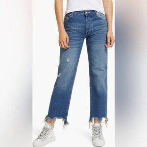 We‎ The Free Distressed Blue Denim Raw Hem Jeans Cropped Boho Festival Size 28